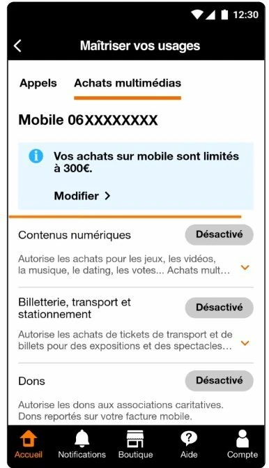 Orange espace client – Onglet Achats multimédias, Bloquer
