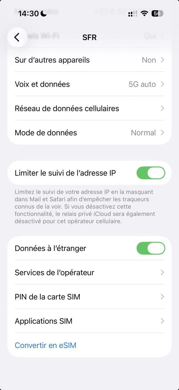 iPhone iOS – Désactiver Données à l'étranger