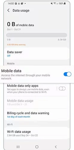 Samsung One UI – Mobile data, Désactiver l'itinérance
