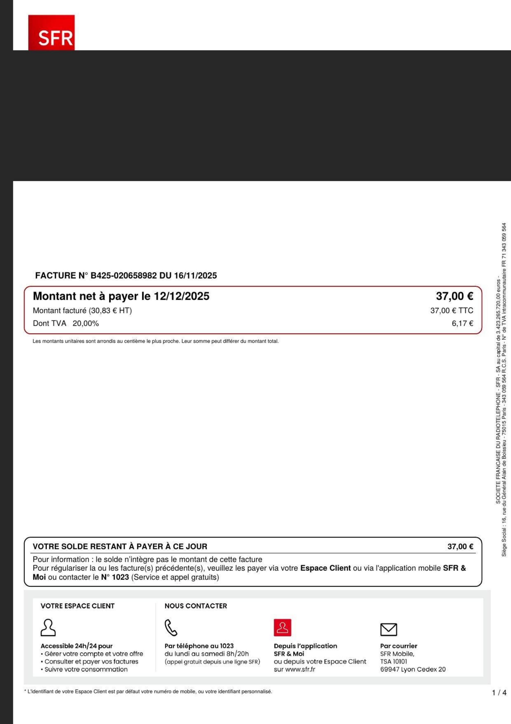 Facture SFR mobile, données personnelles floutées